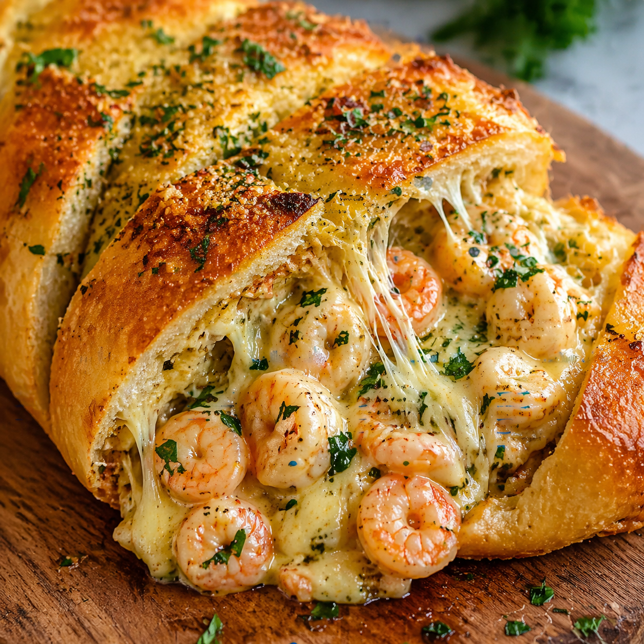 pão de alho recheado com camarão cremoso