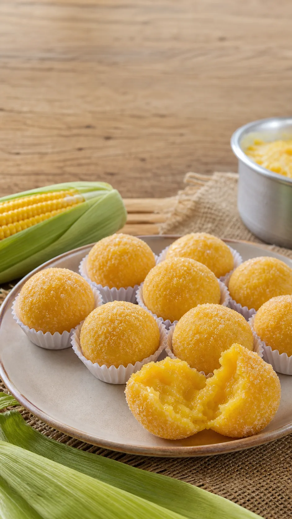 Brigadeiros de milho verde enrolados em açúcar com milho ao fundo