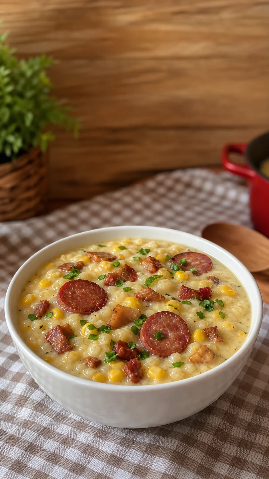 Canjica salgada cremosa com calabresa bacon e cheiro-verde