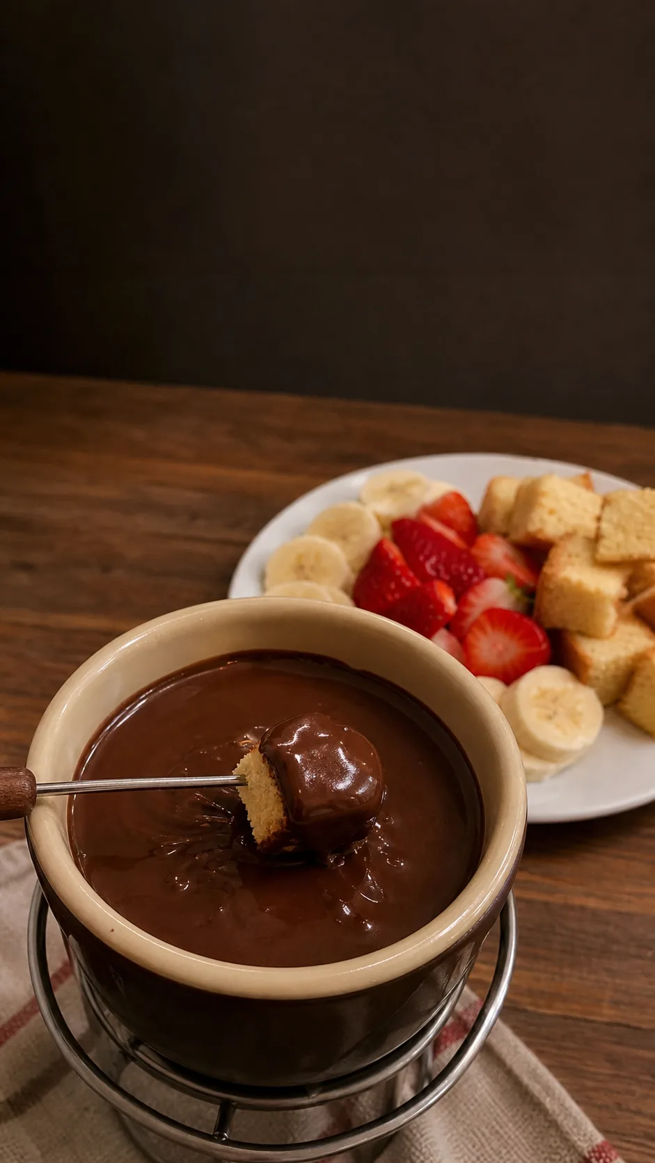 Fondue de chocolate caseiro com frutas e pedaços de bolo