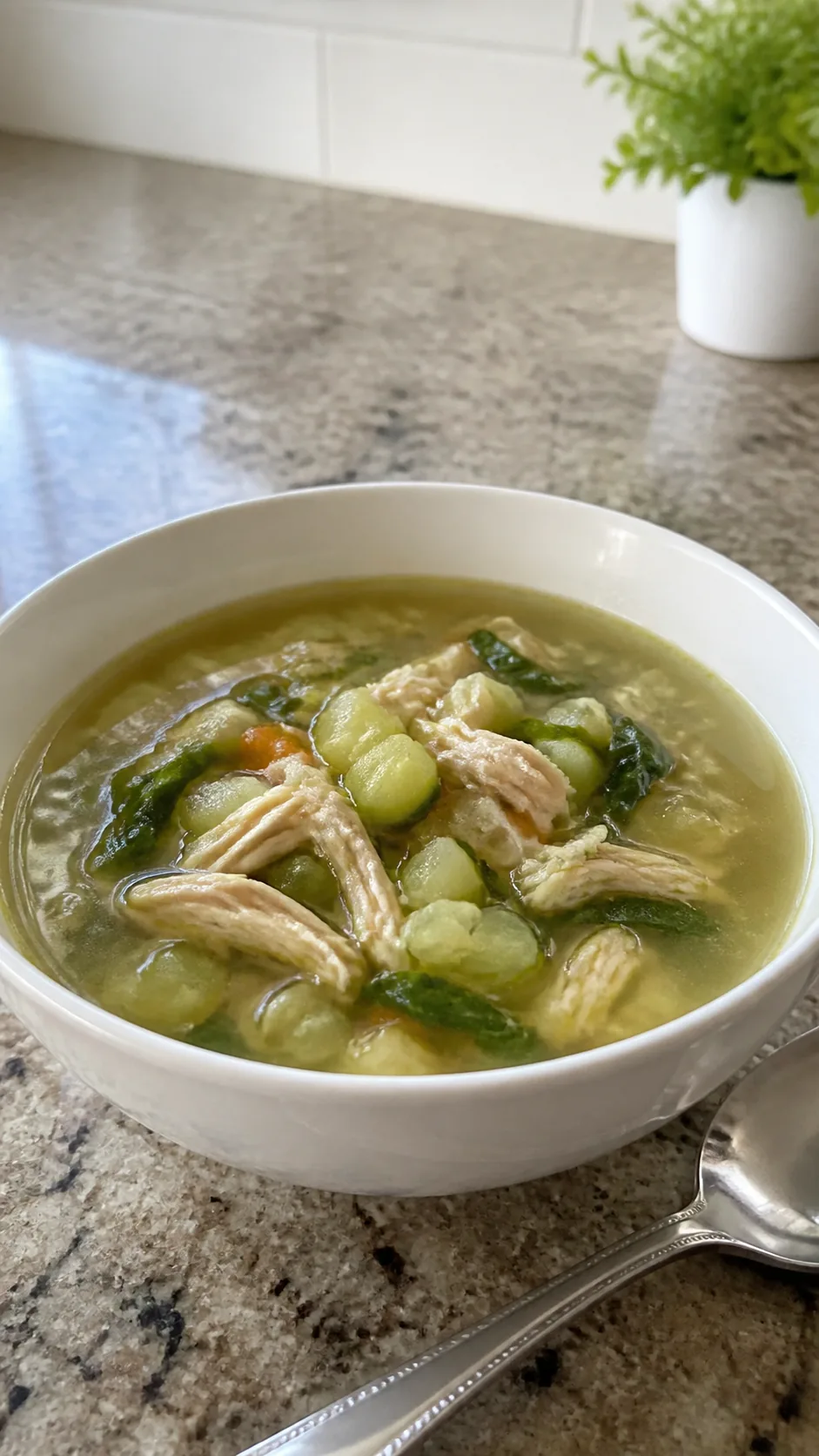 Sopa leve de abobrinha com frango desfiado e legumes em prato fundo